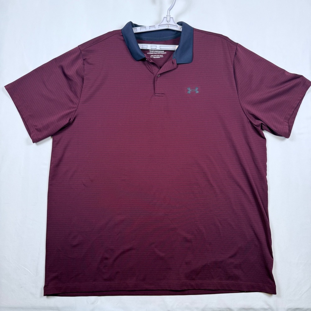 Under Armour Mens 3XL Performance Polo Shirt Maroon Striped Golf Loose Fit